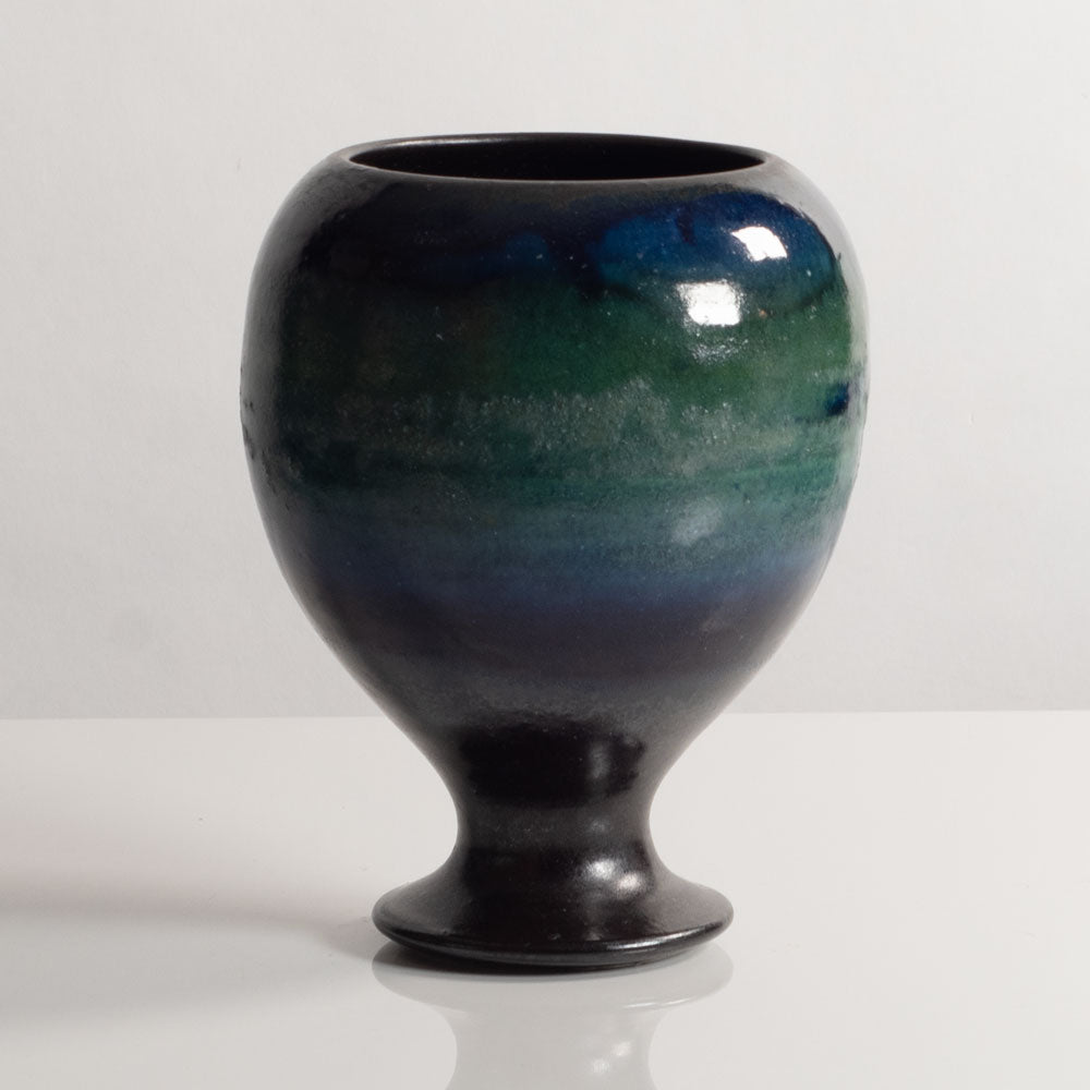 Liisa Hallamaa for Arabia, Finland, unique stoneware footed vase with blue and green glaze M5557