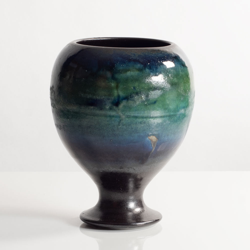 Liisa Hallamaa for Arabia, Finland, unique stoneware footed vase with blue and green glaze M5557