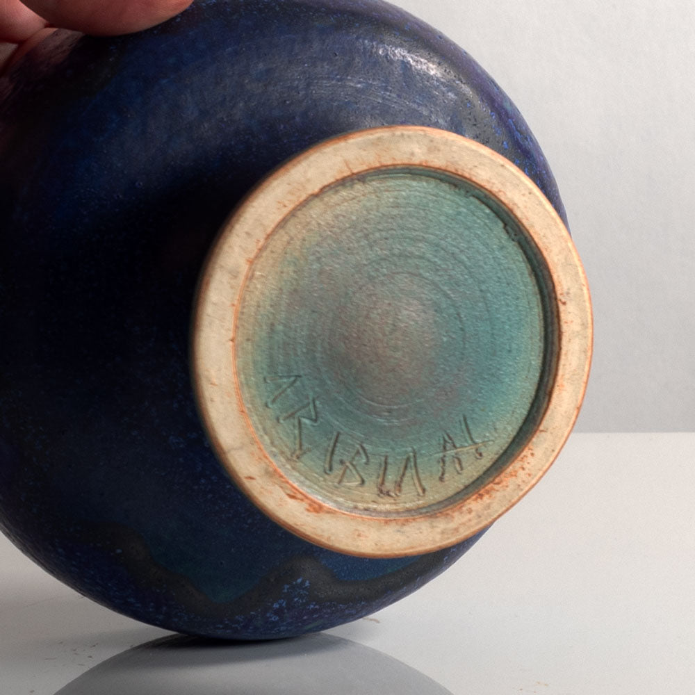 Annikki Hovisaari for Arabia, Finland, unique stoneware footed bowl with blue glaze M5460