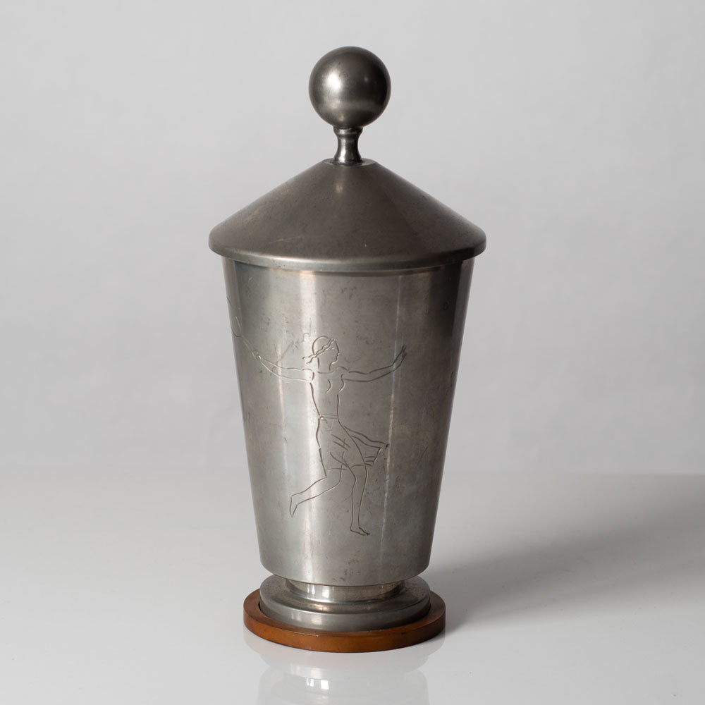 Oscar Antonsson for Athena Ystad, Sweden, pewter lidded jar with engraved tennis player L3315
