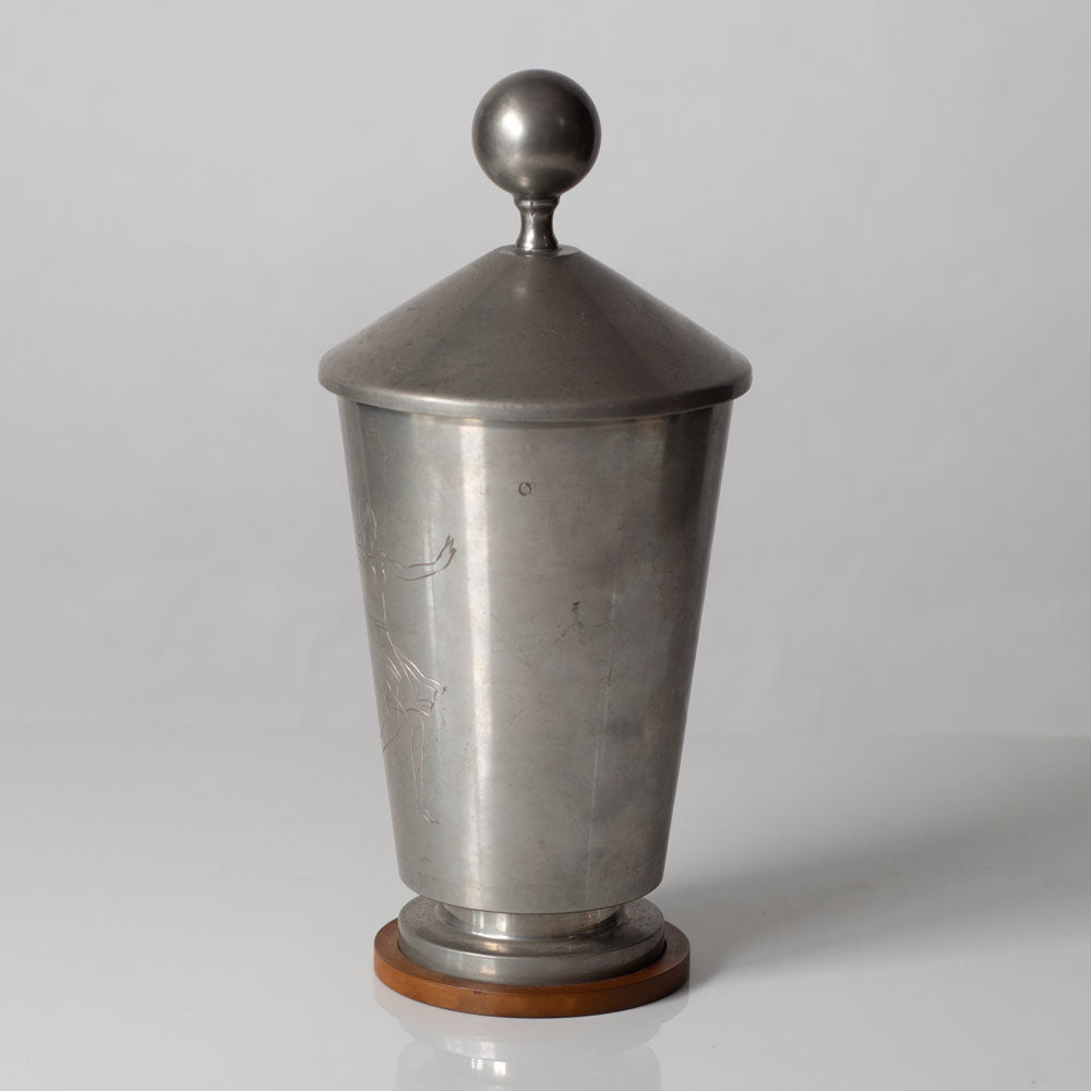 Oscar Antonsson for Athena Ystad, Sweden, pewter lidded jar with engraved tennis player L3315