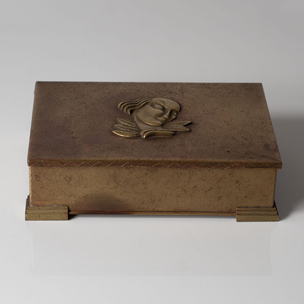 Ystad Brons, Sweden, bronze box with wood interior and portrait in relief to lid L3364