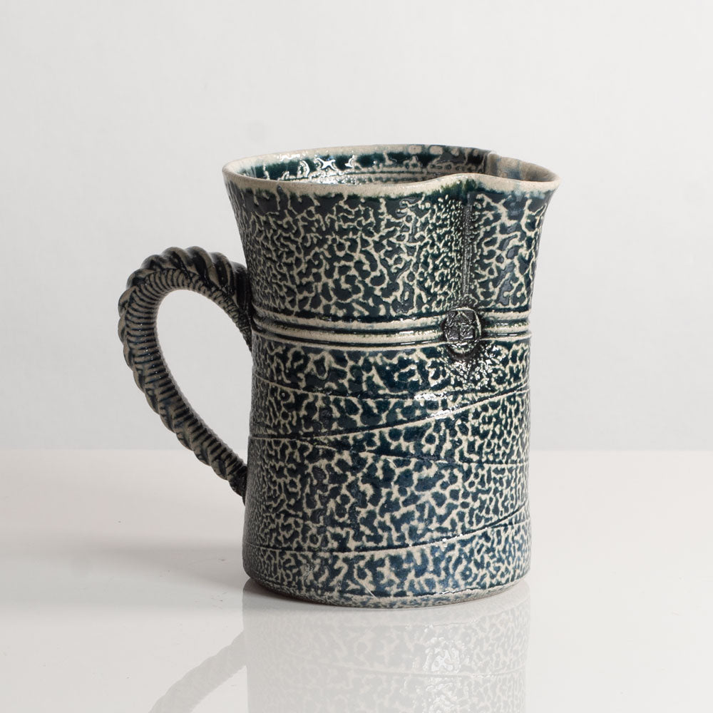 Anthony Dix, UK, soda fired water jug with crawling glossy dark green glaze L3988