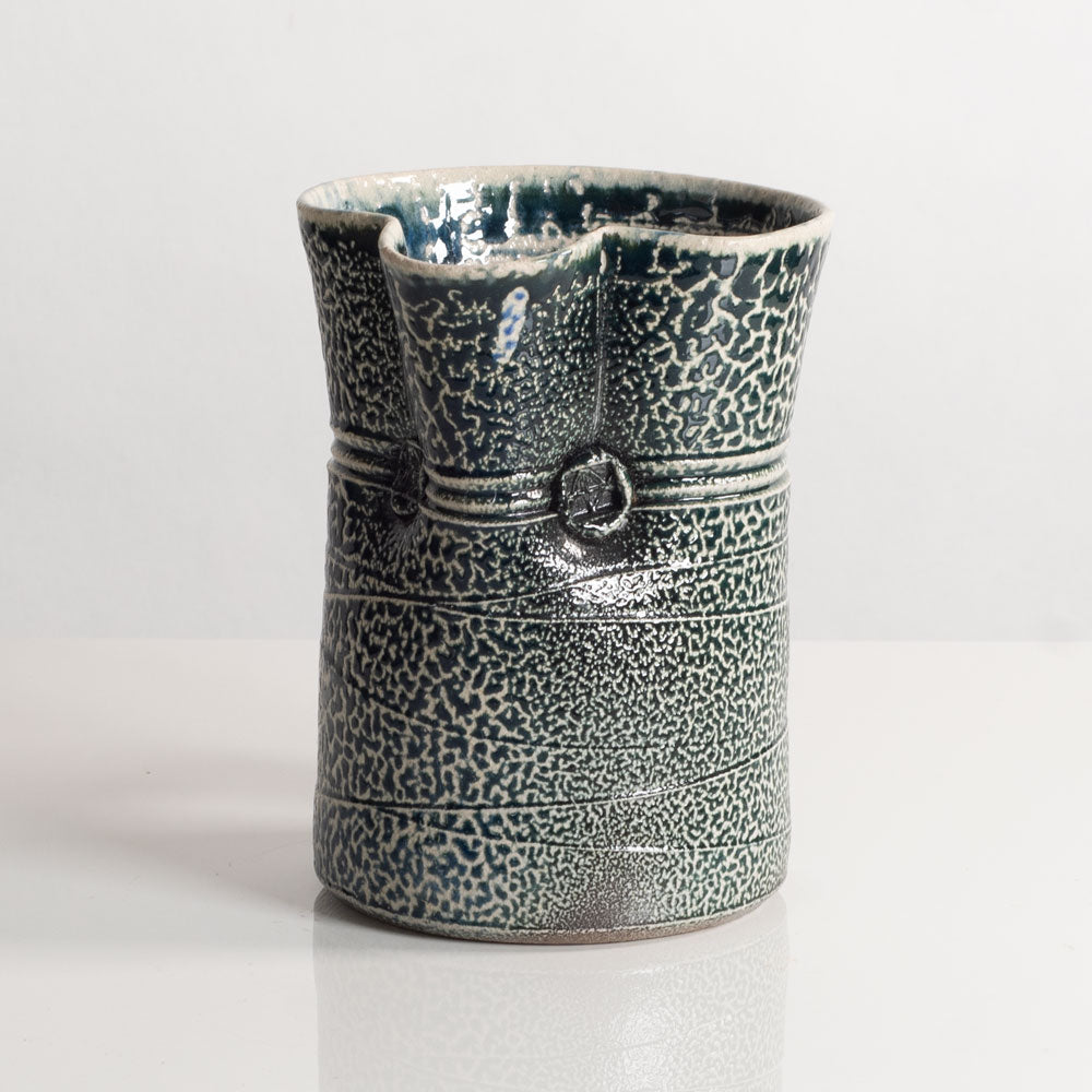 Anthony Dix, UK, soda fired water jug with crawling glossy dark green glaze L3988
