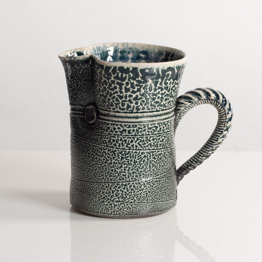 Anthony Dix, UK, soda fired water jug with crawling glossy dark green glaze L3988