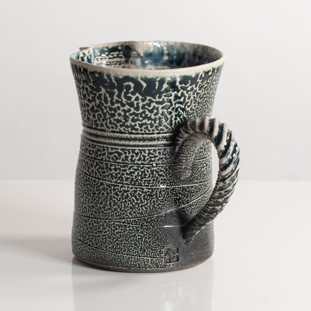 Anthony Dix, UK, soda fired water jug with crawling glossy dark green glaze L3988