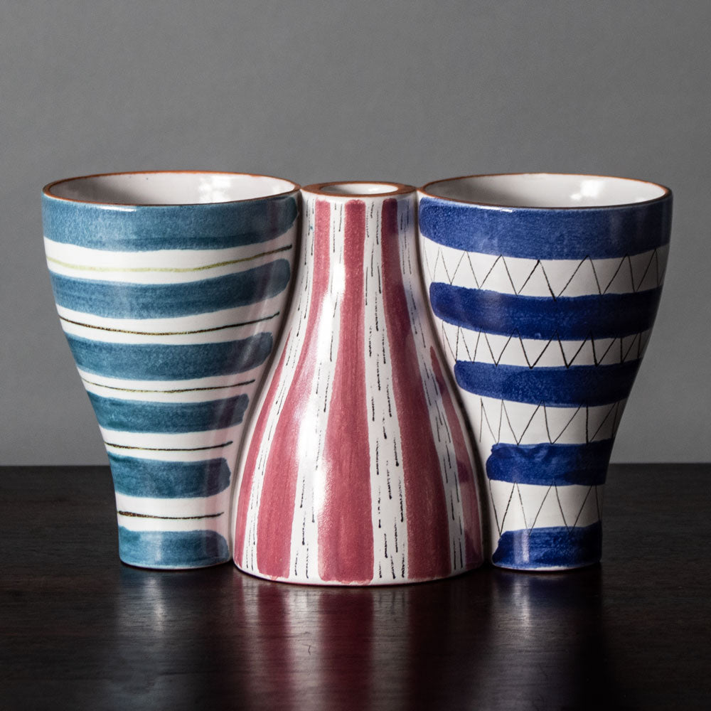 Stig Lindberg for Gustavsberg, Sweden, faience three sectioned vase with pink and blue stripes J1174