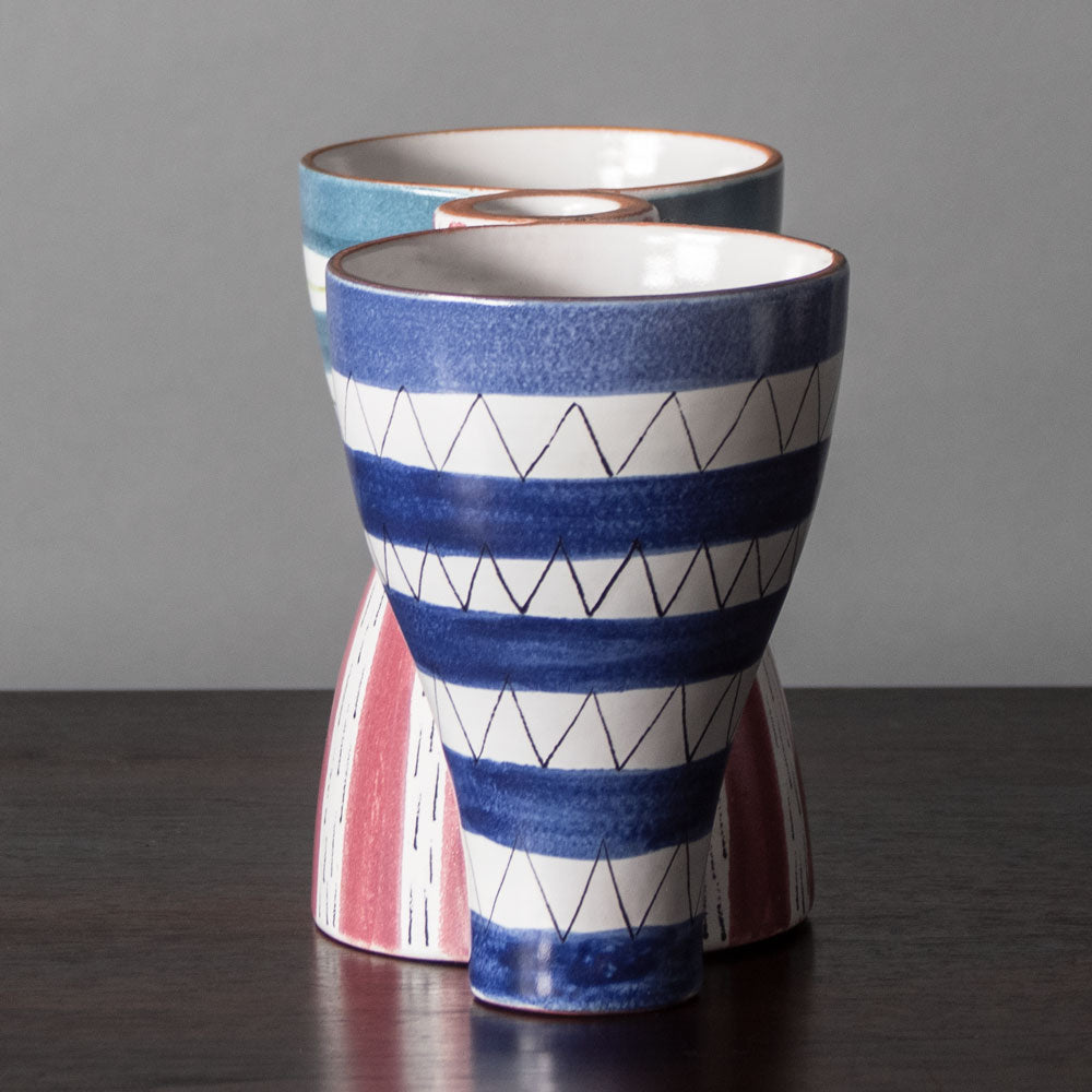 Stig Lindberg for Gustavsberg, Sweden, faience three sectioned vase with pink and blue stripes J1174
