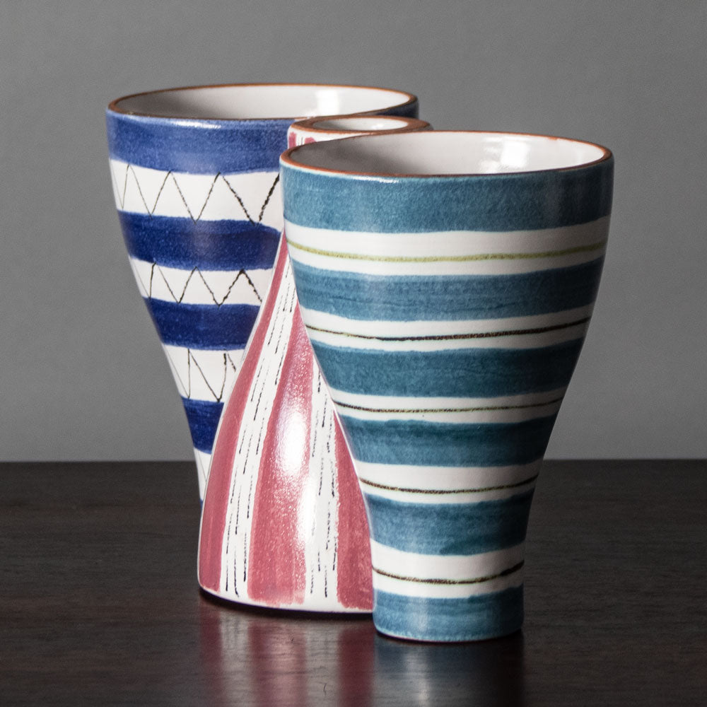 Stig Lindberg for Gustavsberg, Sweden, faience three sectioned vase with pink and blue stripes J1174