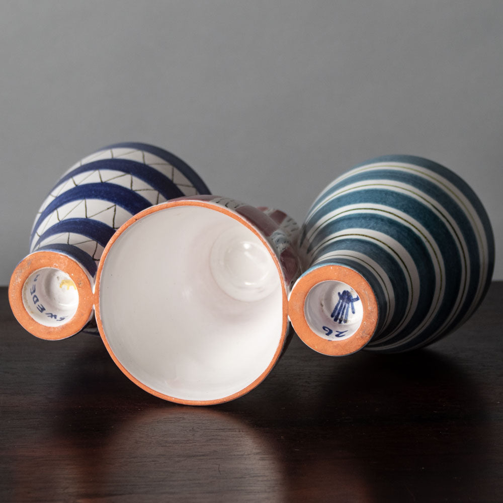 Stig Lindberg for Gustavsberg, Sweden, faience three sectioned vase with pink and blue stripes J1174
