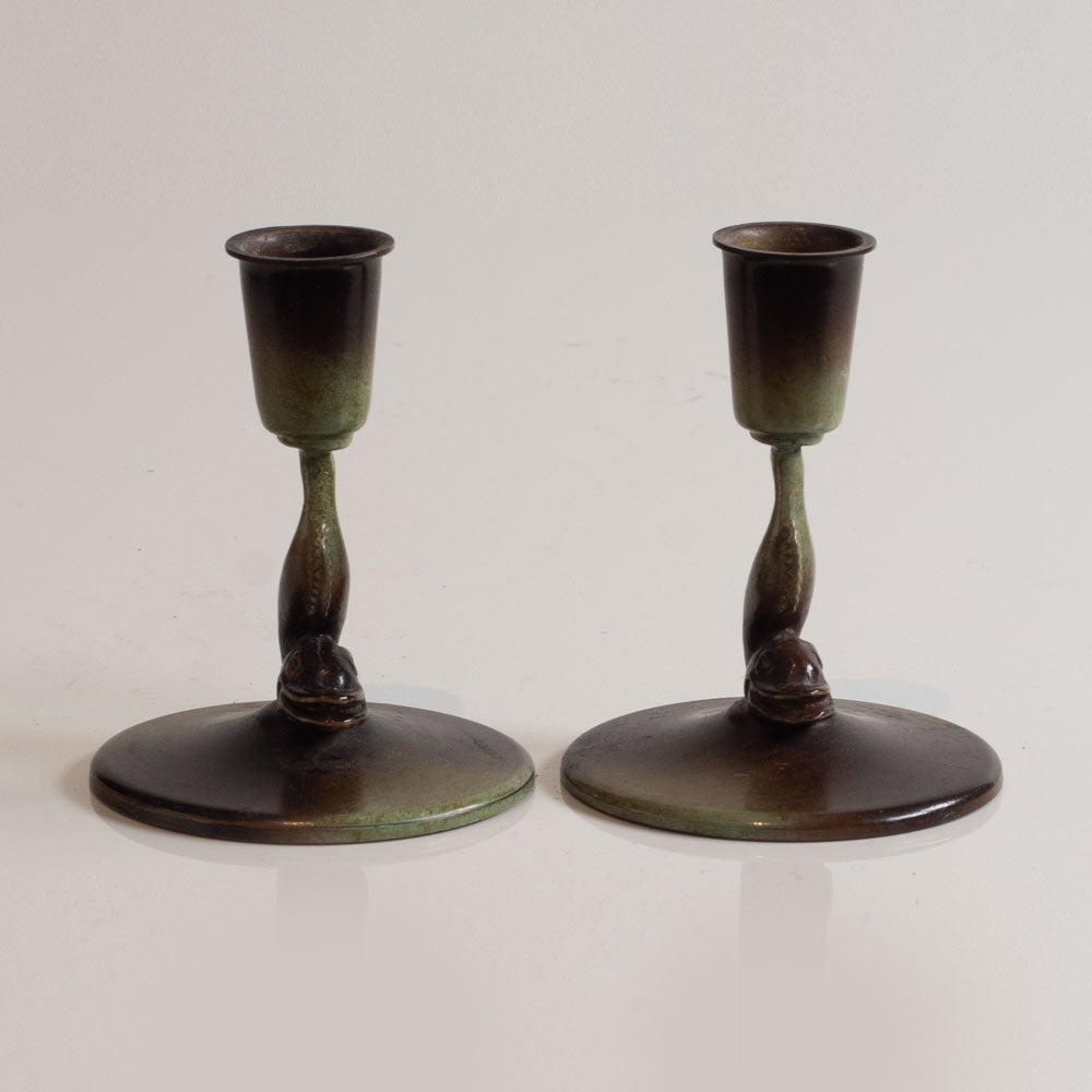 Ystad Brons, Sweden, pair of bronze candle sticks with fish motif M5532