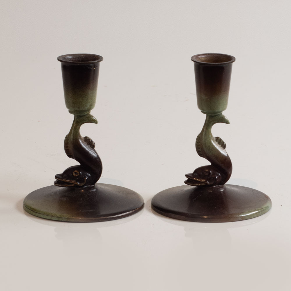 Ystad Brons, Sweden, pair of bronze candle sticks with fish motif M5532