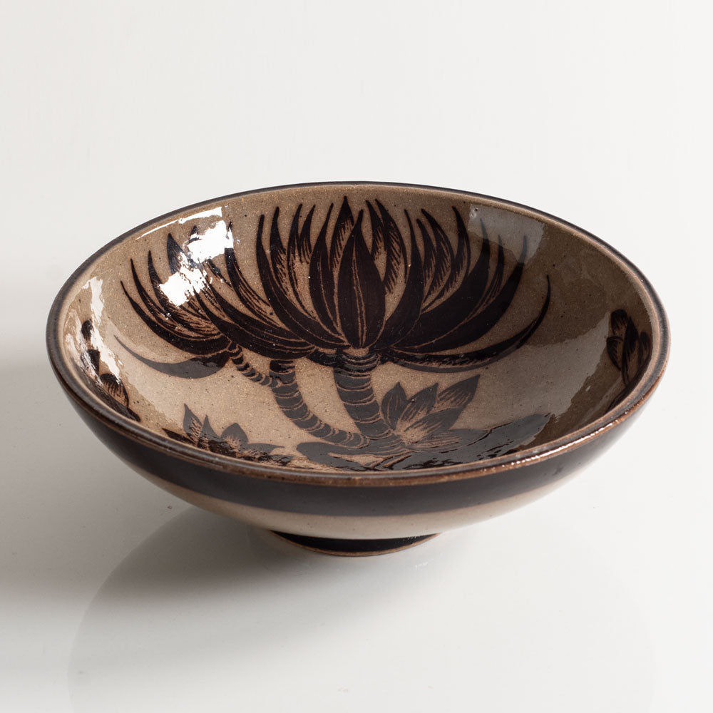Nils Thorsson for Royal Copenhagen, Denmark, stoneware "Jungle" bowl with olive and brown glaze M5500