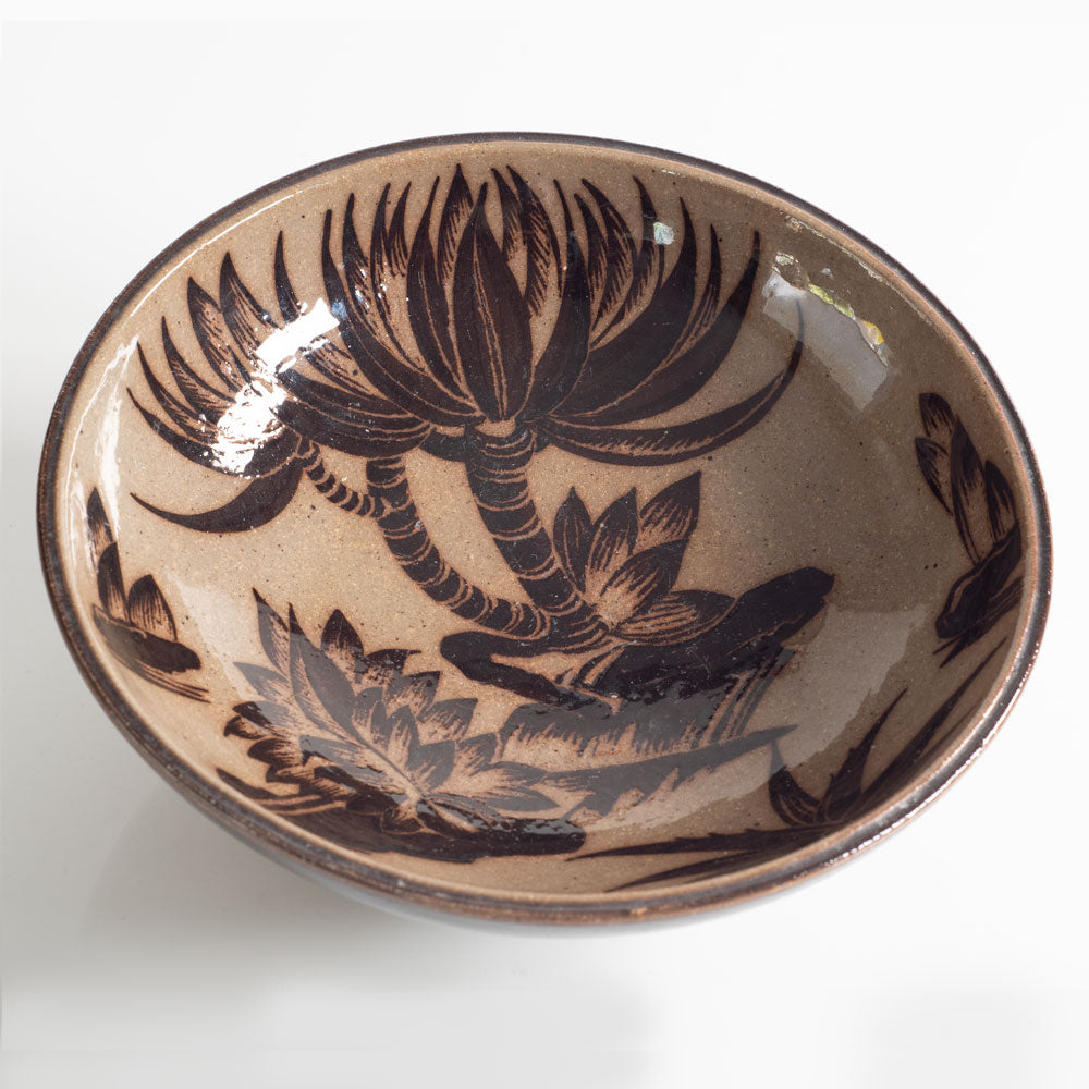 Nils Thorsson for Royal Copenhagen, Denmark, stoneware "Jungle" bowl with olive and brown glaze M5500