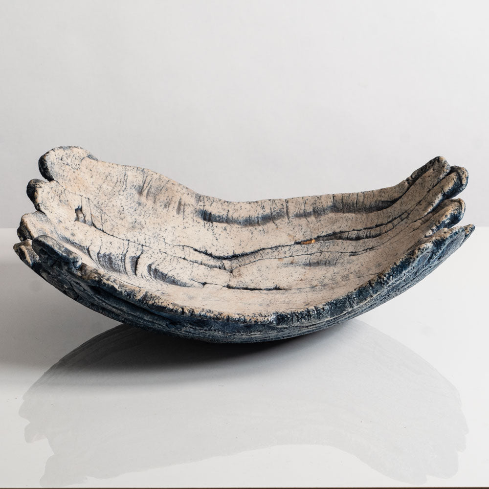 Ulla Viotti, Sweden, large unique stoneware bowl with unglaze blue and white matte surface M5486