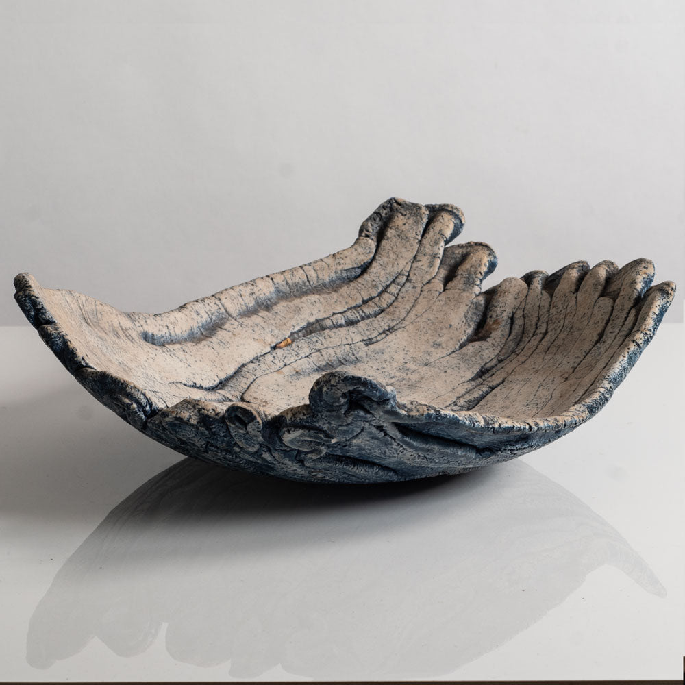 Ulla Viotti, Sweden, large unique stoneware bowl with unglaze blue and white matte surface M5486