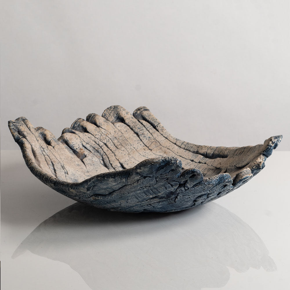 Ulla Viotti, Sweden, large unique stoneware bowl with unglaze blue and white matte surface M5486
