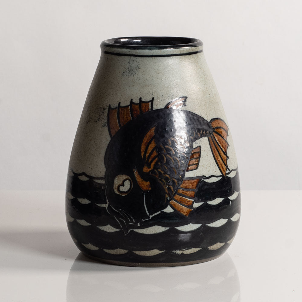 Josef Ekberg for Rorstrand, Sweden, unique stoneware vase with handpainted underglaze fish M5571