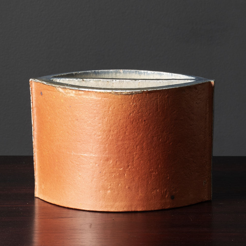 Bente Hansen, Denmark, unique stoneware segmented vase with brick red, blue and pale gray matte glaze L3304