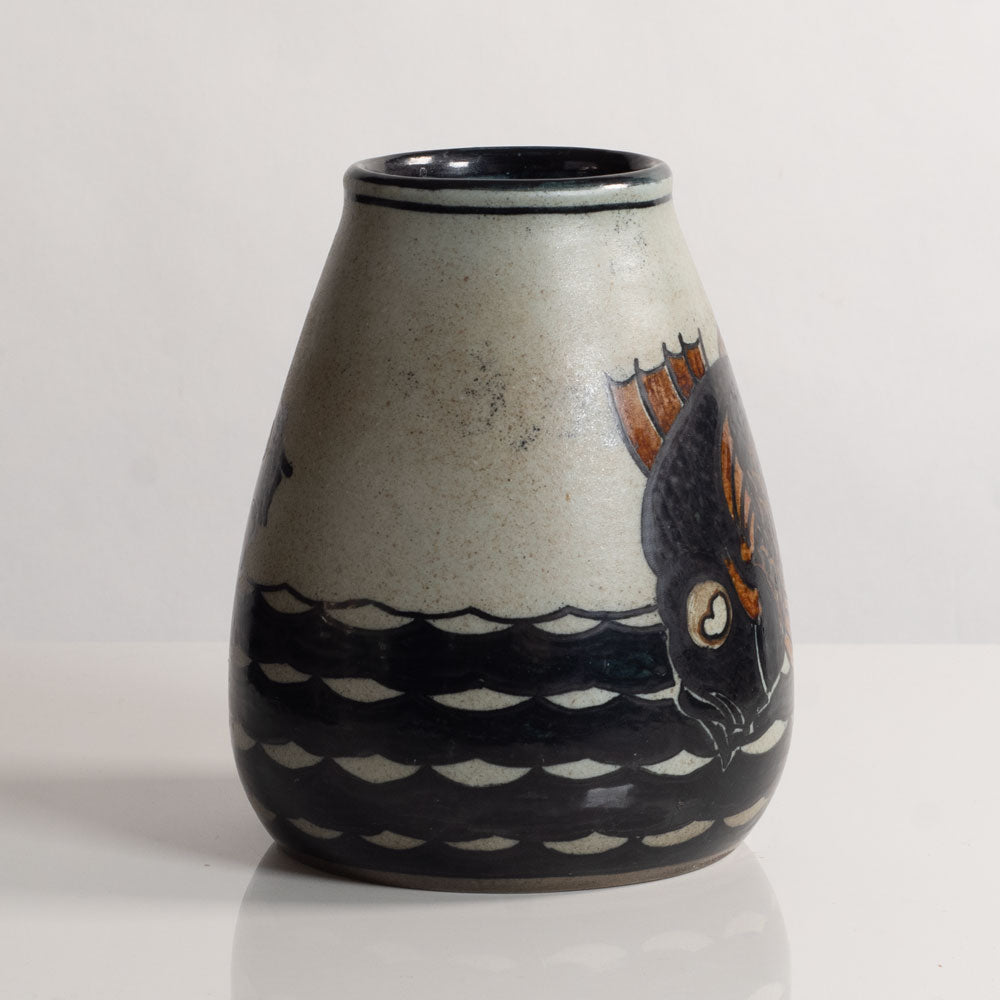 Josef Ekberg for Rorstrand, Sweden, unique stoneware vase with handpainted underglaze fish M5571