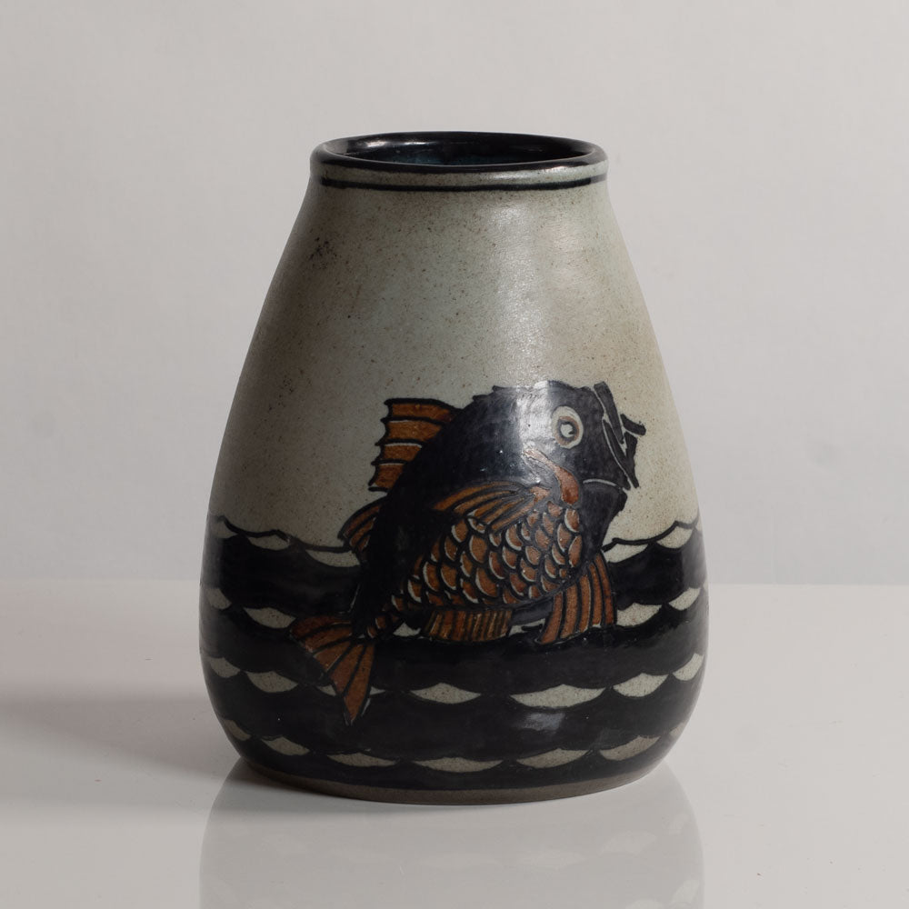 Josef Ekberg for Rorstrand, Sweden, unique stoneware vase with handpainted underglaze fish M5571