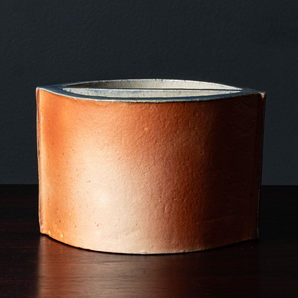 Bente Hansen, Denmark, unique stoneware segmented vase with brick red, blue and pale gray matte glaze L3304