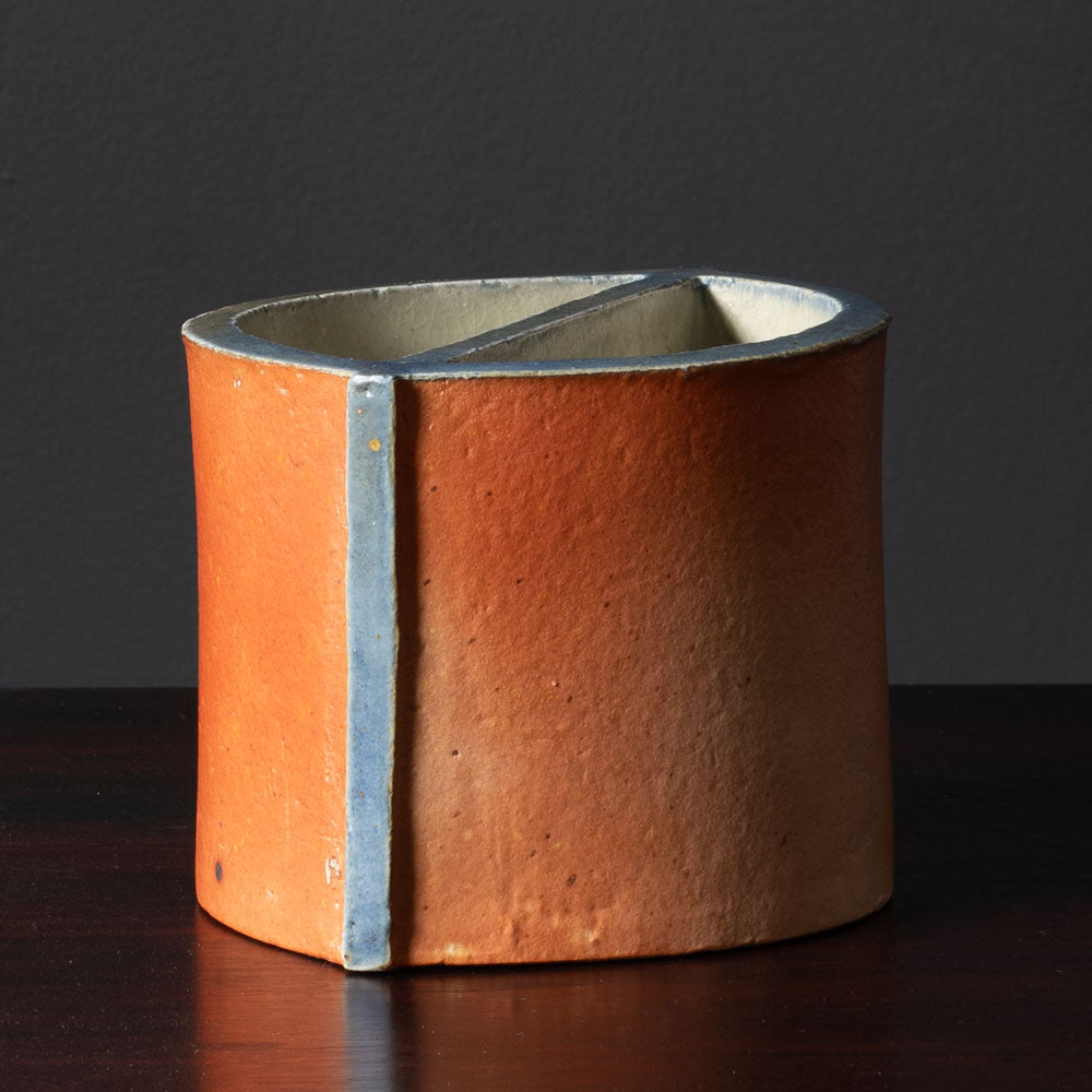 Bente Hansen, Denmark, unique stoneware segmented vase with brick red, blue and pale gray matte glaze L3304