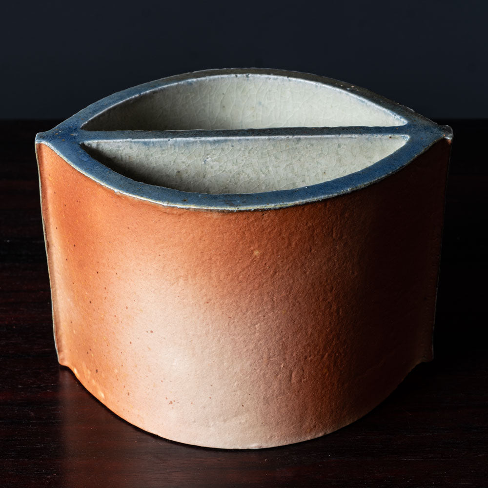Bente Hansen, Denmark, unique stoneware segmented vase with brick red, blue and pale gray matte glaze L3304