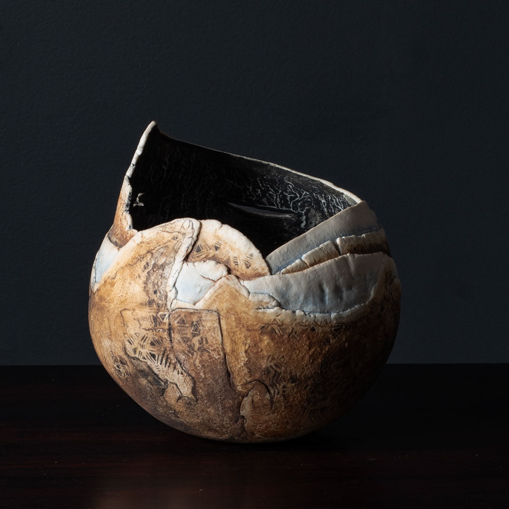 Ulla Viotti, Sweden, unique stoneware vessel with matte brown and blue surface K2575