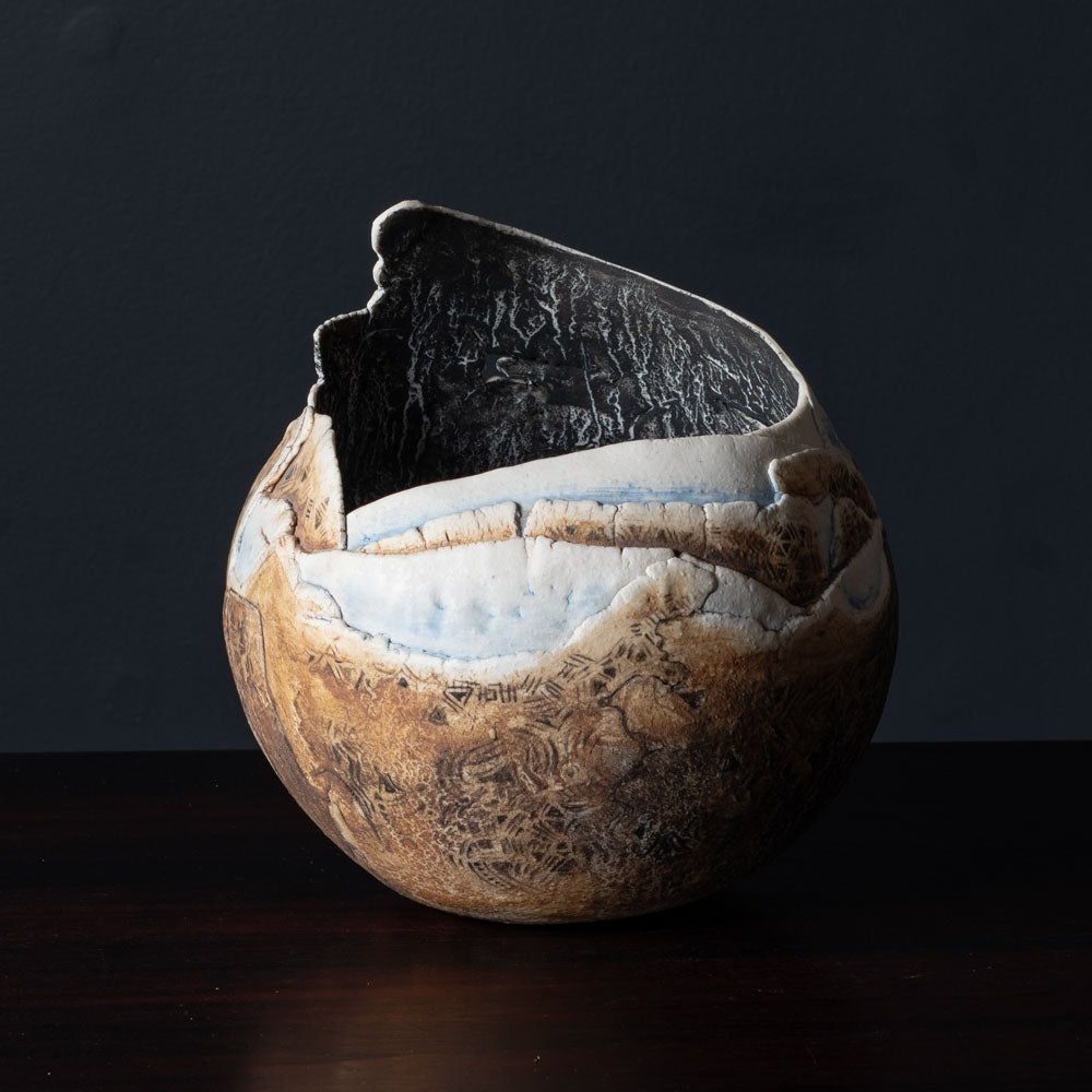 Ulla Viotti, Sweden, unique stoneware vessel with matte brown and blue surface K2575