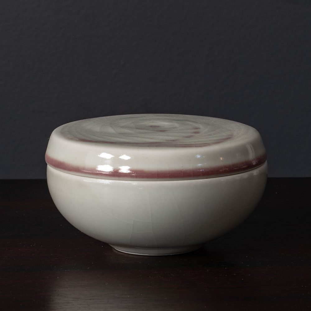 Karl Scheid, Germany, unique stoneware lidded dish with semi-gloss white and pink glaze K2531