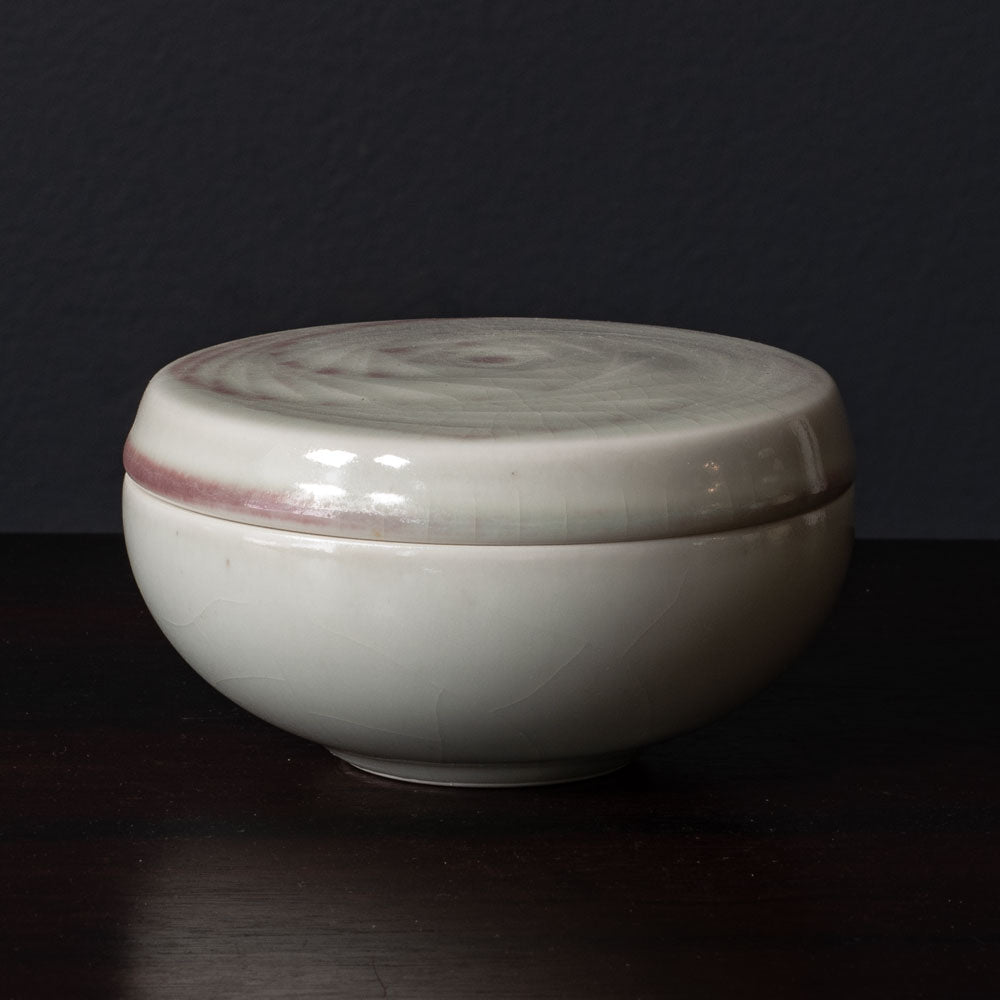 Karl Scheid, Germany, unique stoneware lidded dish with semi-gloss white and pink glaze K2531