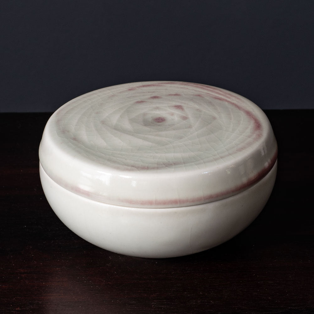 Karl Scheid, Germany, unique stoneware lidded dish with semi-gloss white and pink glaze K2531