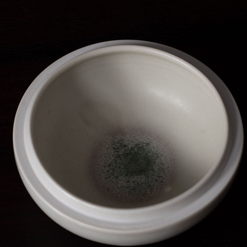 Karl Scheid, Germany, unique stoneware lidded dish with semi-gloss white and pink glaze K2531