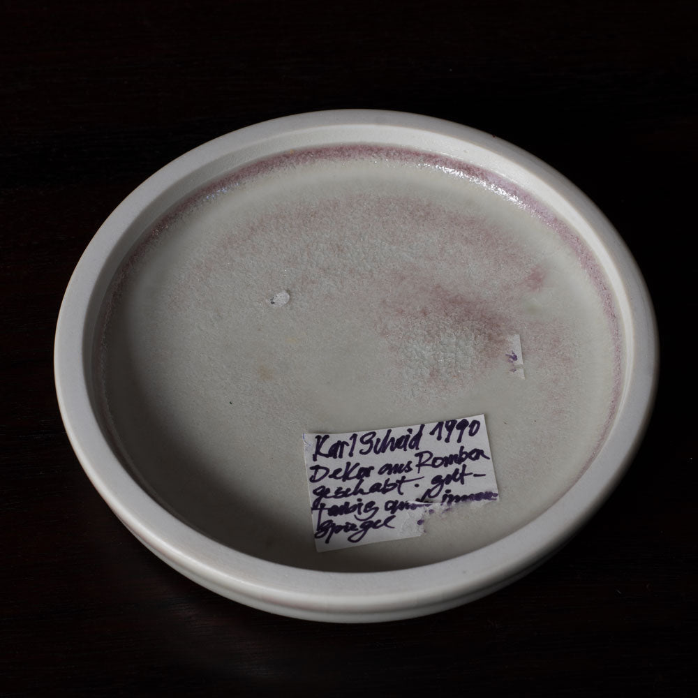 Karl Scheid, Germany, unique stoneware lidded dish with semi-gloss white and pink glaze K2531