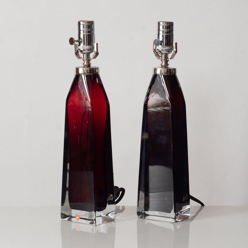 Carl Fagerlund for Orrefors, Sweden, pair of glass lamps in red and clear glass K2007 and K2008