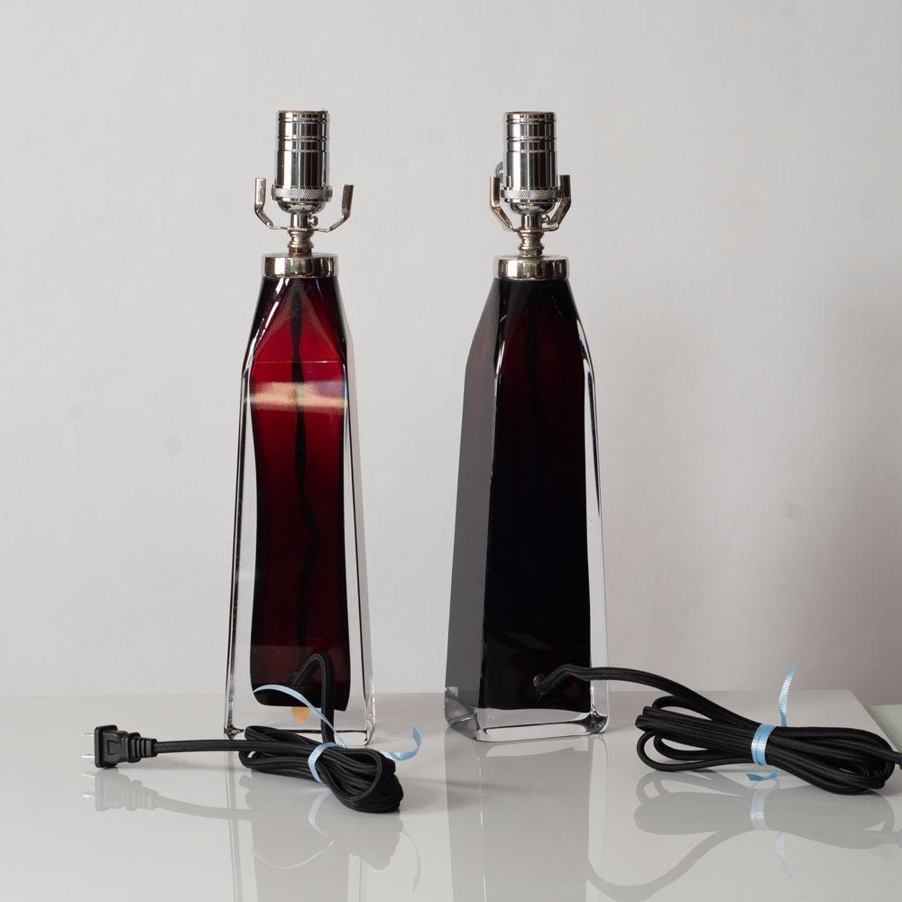 Carl Fagerlund for Orrefors, Sweden, pair of glass lamps in red and clear glass K2007 and K2008