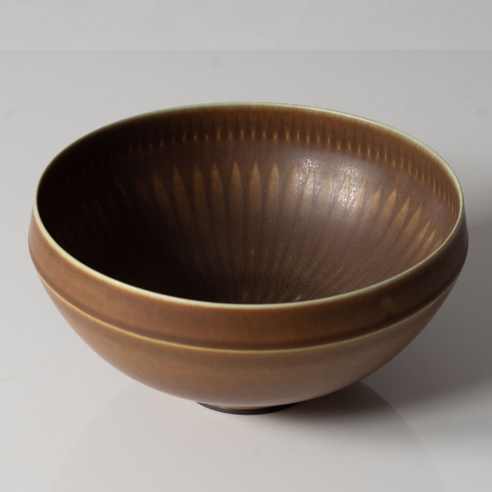 Berndt Friberg for Gustavsberg, Sweden, patterned bowl with brown haresfur glaze L3443