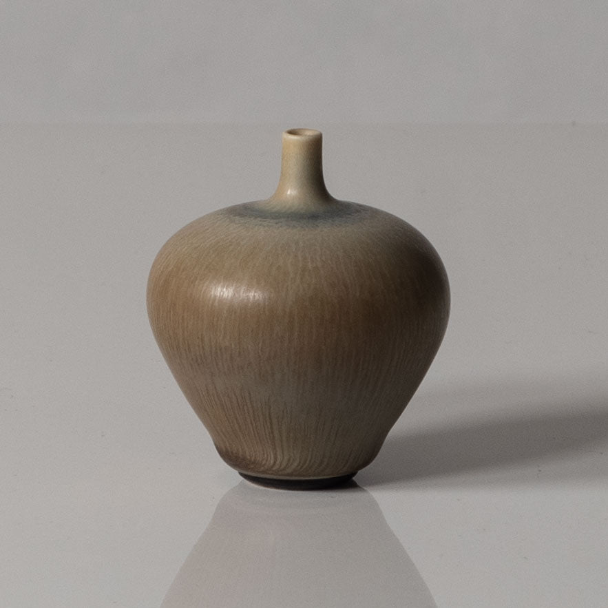 Berndt Friberg for Gustavsberg, Sweden, unique miniature toneware vase with pale gray haresfur glaze K2855