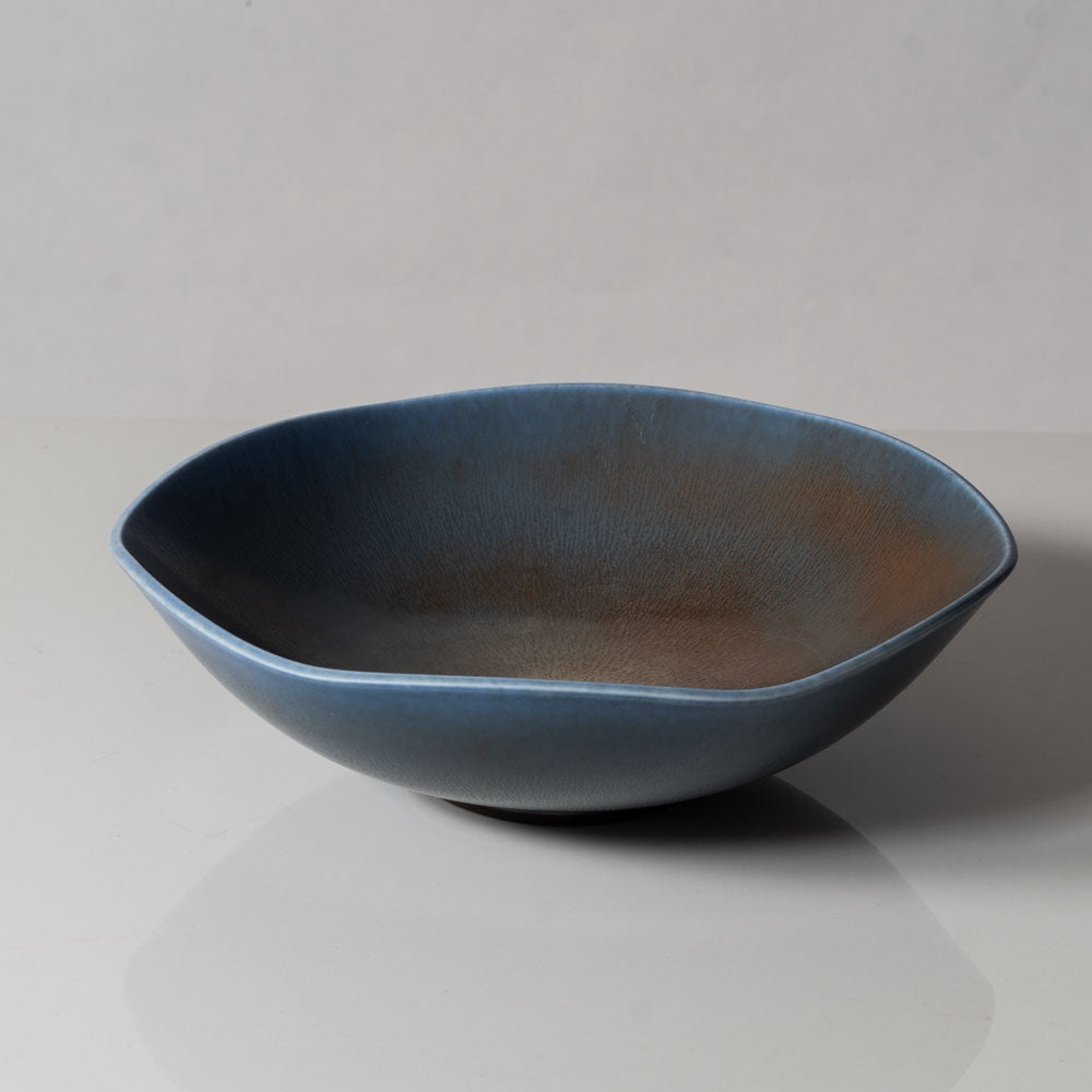 Berndt Friberg for Gustavsberg, Sweden, unique hexagonal bowl with blue haresfur glaze L3439
