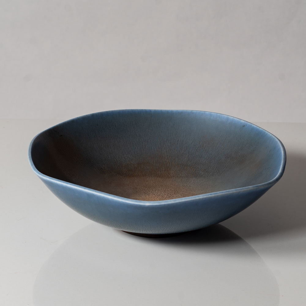Berndt Friberg for Gustavsberg, Sweden, unique hexagonal bowl with blue haresfur glaze L3439