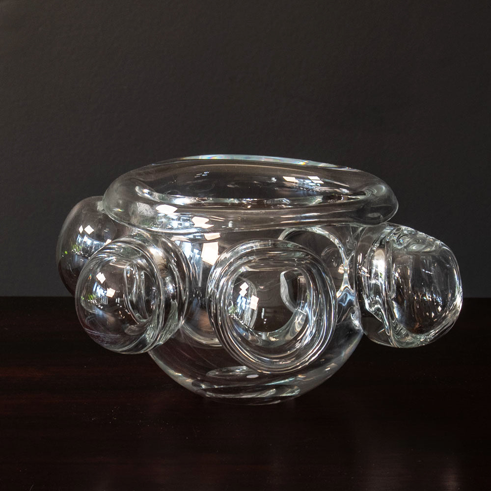 Per Lutken for Holmegaard, Denmark, unique clear glass vessel with round protrusions J1465