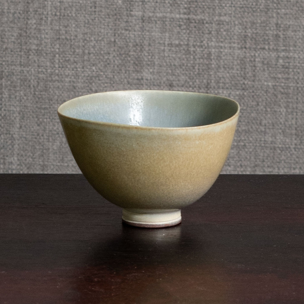 Berndt Friberg for Gustavsberg, Sweden, stoneware bowl with pale olive and blue gray haresfur glaze M5430