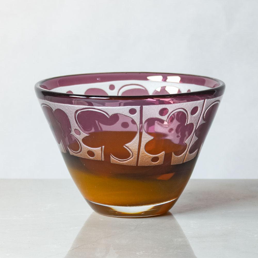 Bertil Vallien for Boda-Åfors, Sweden, unique engraved bowl in purple and orange glass J1547