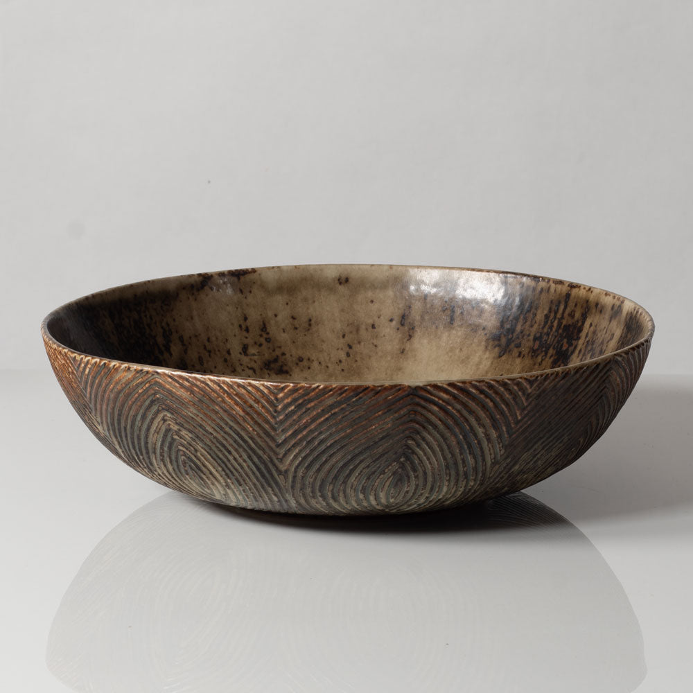 Axel Salto for Royal Copenhagen, Denmark, large bowl with carved lines and Sung glaze K2271