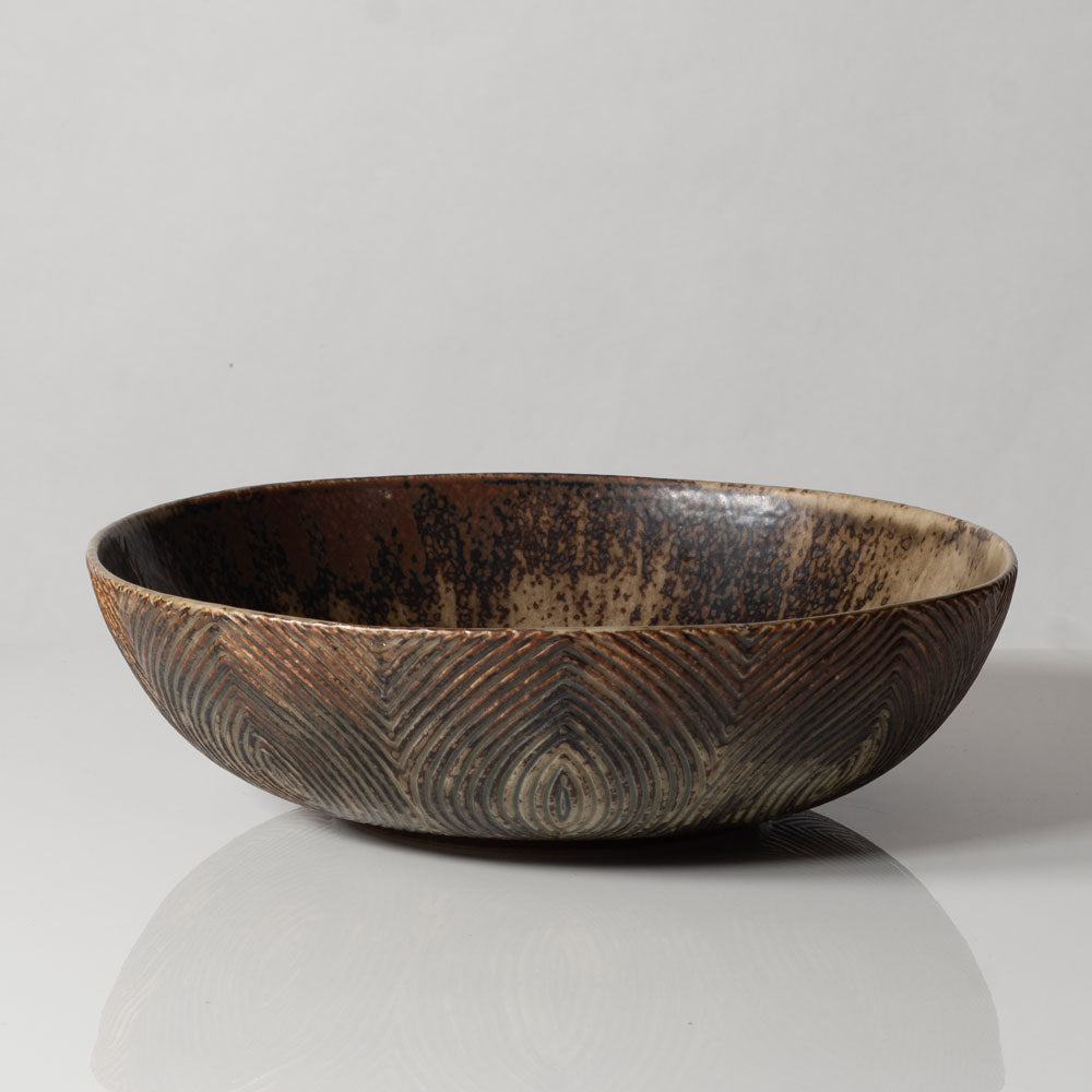 Axel Salto for Royal Copenhagen, Denmark, large bowl with carved lines and Sung glaze K2271