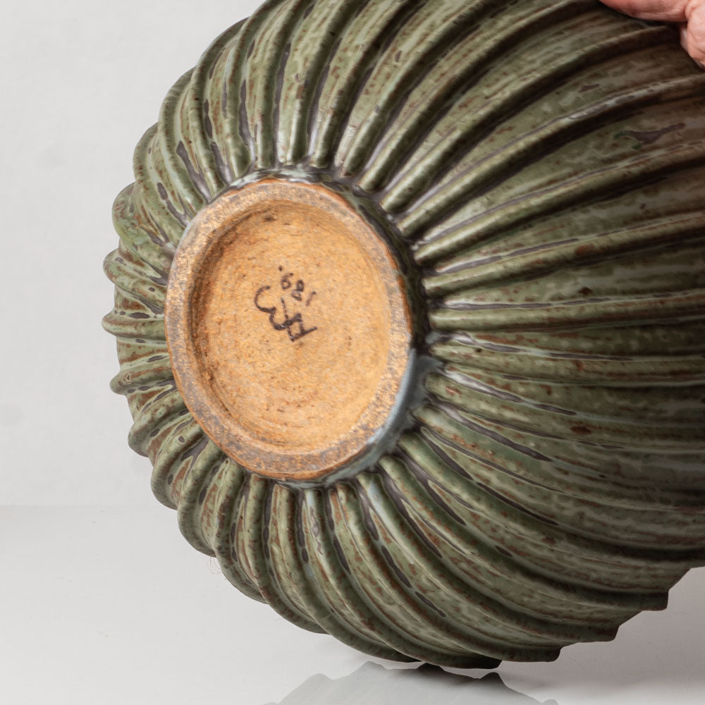 Arne Bang, Denmark, large ribbed stoneware bowl with green and brown crystalline glaze L3068