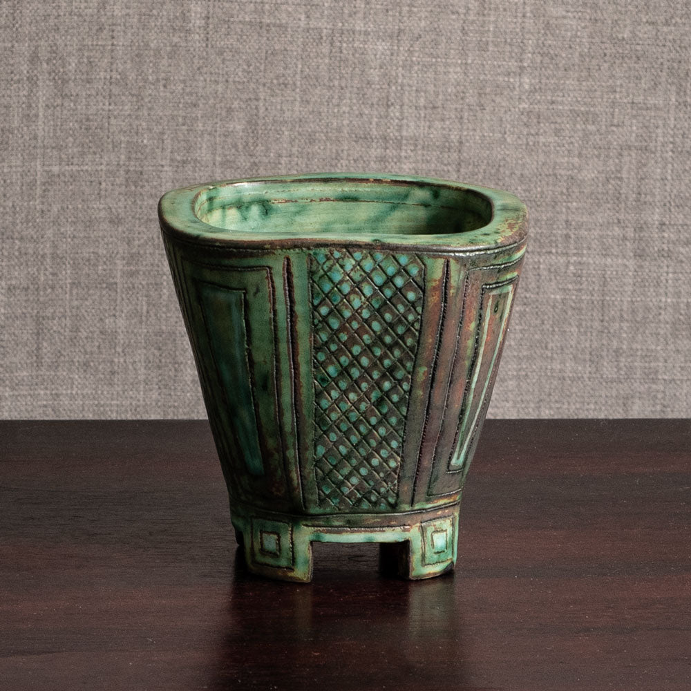 Wilhelm Kåge for Gustavsberg, "Farsta" footed vase with brown and green glaze M5452