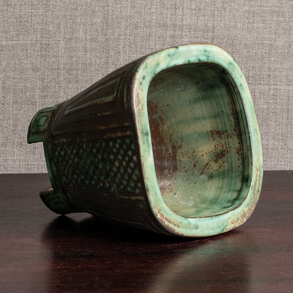 Wilhelm Kåge for Gustavsberg, "Farsta" footed vase with brown and green glaze M5452