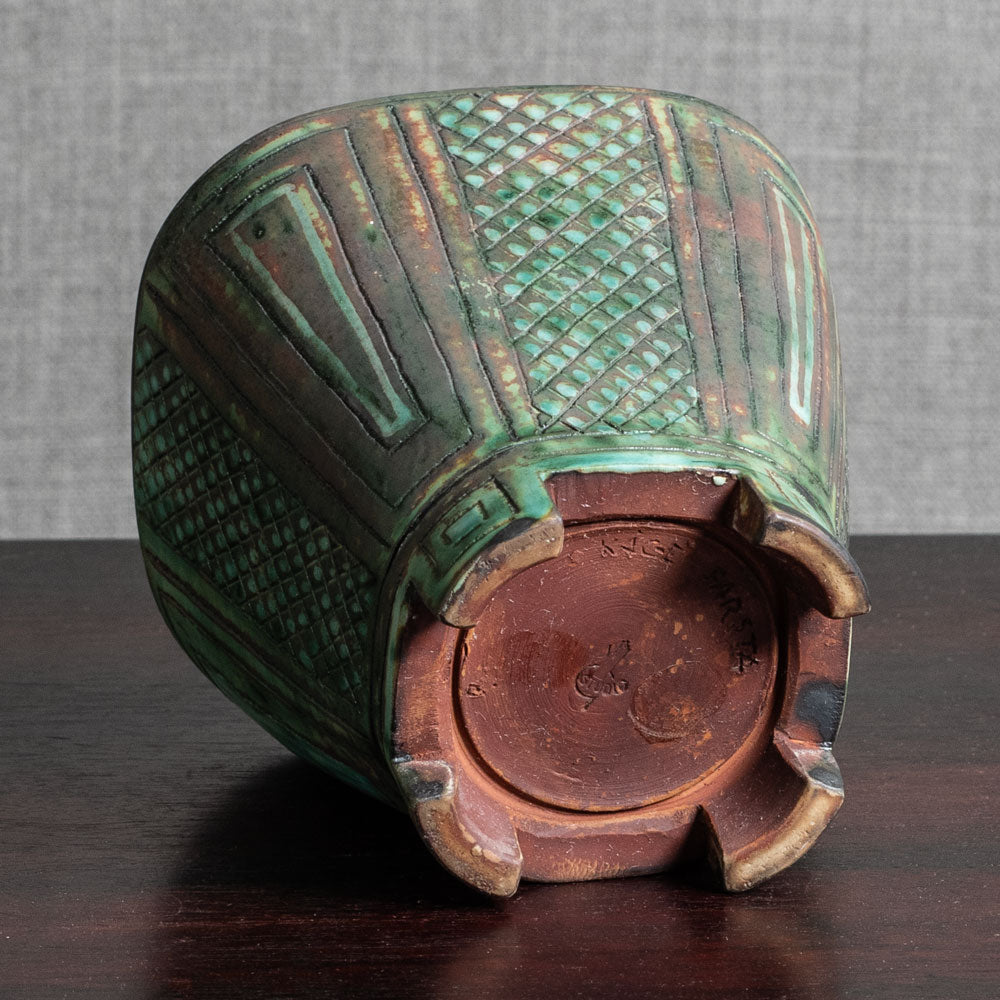 Wilhelm Kåge for Gustavsberg, "Farsta" footed vase with brown and green glaze M5452
